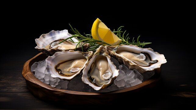 A wooden bowl filled with oysters and lemon wedges