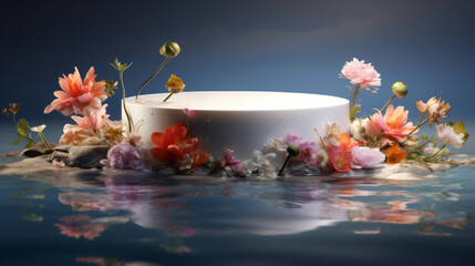 A podium with flowers floating in the water