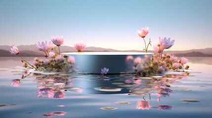 A scene with flowers floating in the water