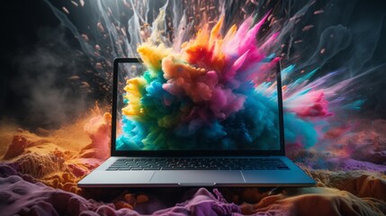 An open laptop computer with explosion colorful paint on the screen