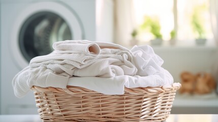 A laundry basket filled with white towels next to a washing machine