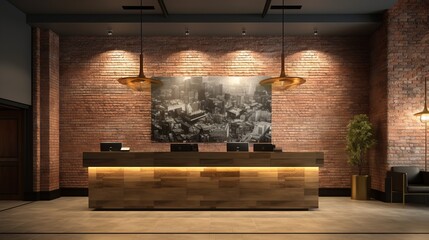 hotel reception brick backwall artwork display with special lighting, copy space, 16:9