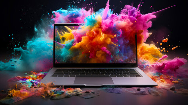 An open laptop computer with explosion colorful paint on the screen