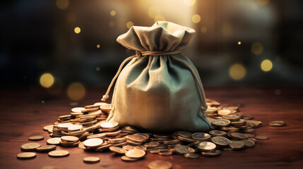 A bag of money sitting on top of a wooden table - obrazy, fototapety, plakaty
