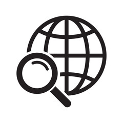 Magnifier and globe icon, search for a place on a map or on the globe icon. The icon of the magnifying glass and planet Earth.
