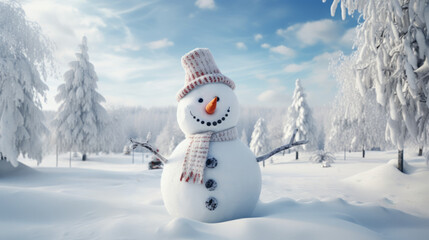 A snowman is standing in the middle of a snowy forest