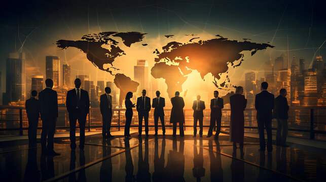 Businesspeople stand on rooftop, world map background, city skyline, discussing, global business, sunset, connections,businesspeople group connected to world concept
