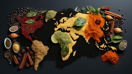 A world map made out of spices and herbs