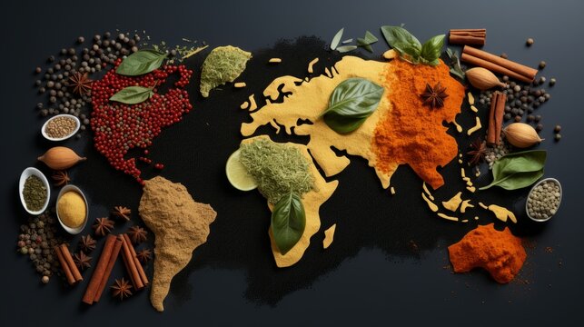 Fototapeta A world map made out of spices and herbs