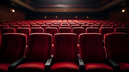 A row of red seats in a cinema theater - obrazy, fototapety, plakaty