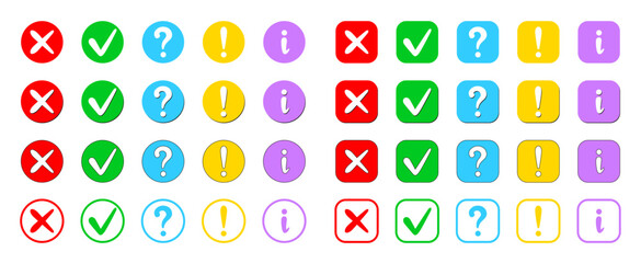 Cross, check mark, exclamation point, question sign and information. Rounds and rounded squares. Red, yellow, blue, green and purple icons. Yes, maybe, no, FAQ concept. More info sign.