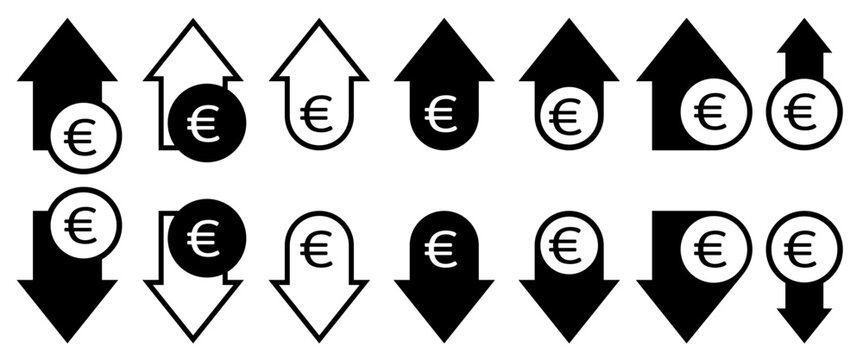Set of black arrows with euro currency sign. Increase and decrease, growth and reduce concept. Arrows pointed up and down. Financial, stock, business profit, progress, loss. Rise and fall