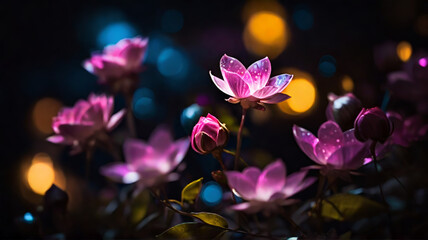 Fototapeta na wymiar Beautiful flowers. Magical shine. Blurred background, bokeh. AI