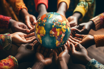 Group of diverse people's hands holding world earth or global map with cupping globe balls together. 