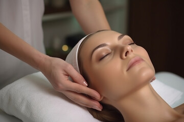 Obraz na płótnie Canvas Close-up view, a woman receives a facial massage in a spa center.