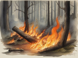Forest fires. Vegetation Gorenje in the forest. Destruction of flora and fauna. Environmental damage. AI