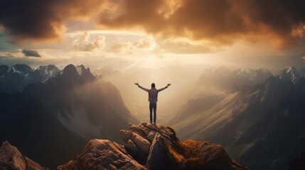 person standing on a mountaintop, arms raised in triump, concept: success, copy space, 16:9 - obrazy, fototapety, plakaty
