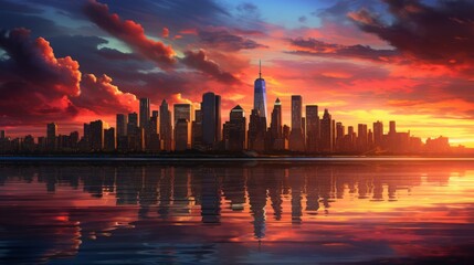 painting, sunset behind the New York City skyline, copy space, 16:9 - obrazy, fototapety, plakaty