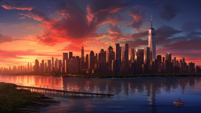 painting, sunset behind the New York City skyline, copy space, 16:9
