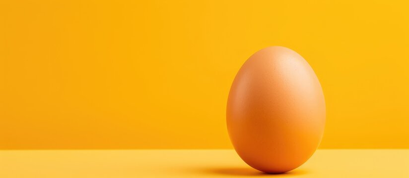 Minimalist style close up photo of a brown chicken egg on a yellow backdrop