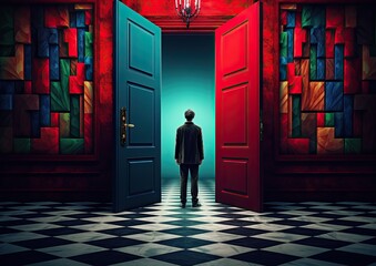 A surrealistic image of a doorman standing in front of a door that leads to an alternate reality.