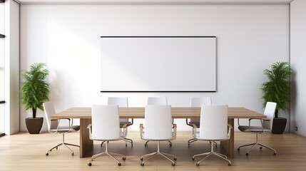 Front view of empty modern conference room with office table and chairs, Generative AI