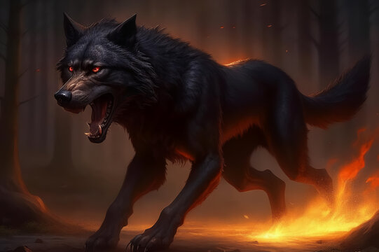 The black wolf runs through the fiery flames. Fantasy. AI