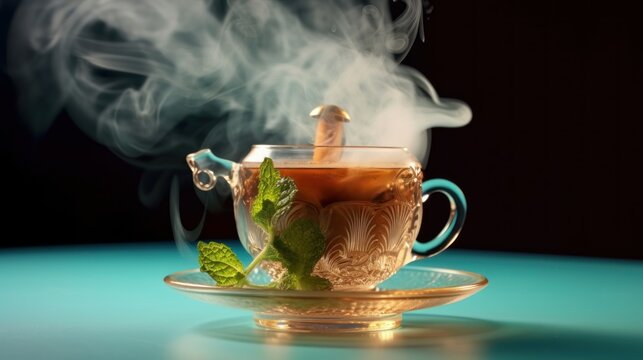 Cup of tea with mint on a blue background with smoke. Coffee concept with a copy space.
