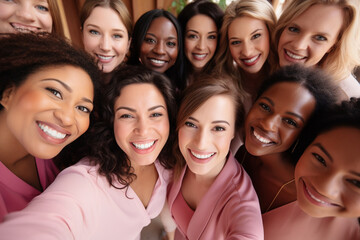 Obraz premium Multiethnic company of young beautiful women - bridesmaids, take a selfie at a wedding or engagement.
