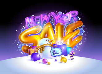 New Year sale web banner with snowman and Christmas tree balls