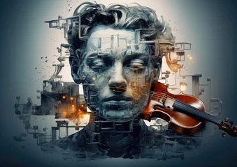 Fotobehang A surrealistic image of a lyricist's face merging with musical instruments, creating a visually © Sascha