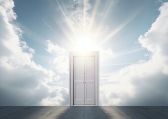 A surrealistic image of a white door floating in a cloudy sky against a white background. The