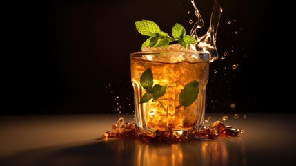 Ice tea with lime, mint and ice on black background. Coffee concept with a copy space. - obrazy, fototapety, plakaty
