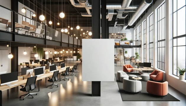 Blank white banner in a vibrant coworking office, mock up. Generative AI