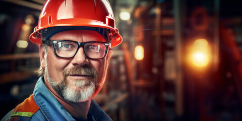 Portrait of a senior industrial worker wearing safety helmet and glasses. Generative AI