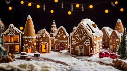 Fototapeta na wymiar Small Gingerbread Houses Decorated with White Icing and Colorful Candied Fruit, Sweet and Festive Christmas Atmosphere. HQ 4K