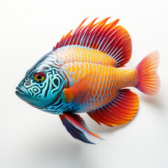 Fototapeta premium Vibrant cichlid fish with orange body, blue patterned head, and red fins on white background.