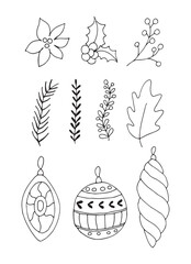 Set Christmas decorations. Happy new year. Christmas items. For the design of Christmas and New Year cards. Vector illustration. Hand-Drawn.