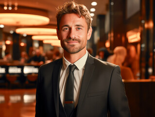 Fototapeta premium Portrait of a handsome young businessman in a luxury hotel restaurant. Generative AI