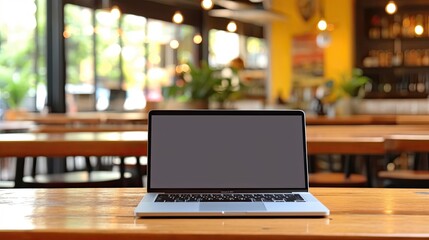 Blank screen laptop mockup with a cup of coffee in cafe