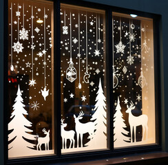 New Year and Christmas window decoration with glued paper snowflakes.