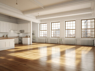 modern white kitchen interior design with wooden floor. Generative AI