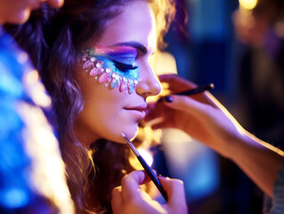 Makeup artist applying makeup on beautiful young woman face. Generative AI