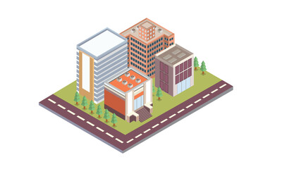Obraz premium Isometric city vector.Smart town with road , smart city and public park,building.on white background.3D design.isometric vector design Illustration.