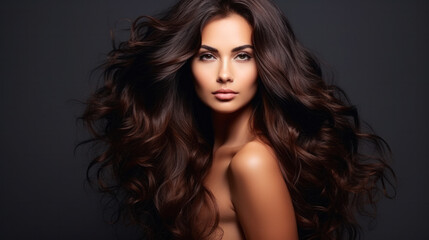 Naklejka premium Beauty brunette girl with long shiny curly hair . Beautiful smiling woman model wavy hairstyle . Cosmetology, cosmetics and make-up.