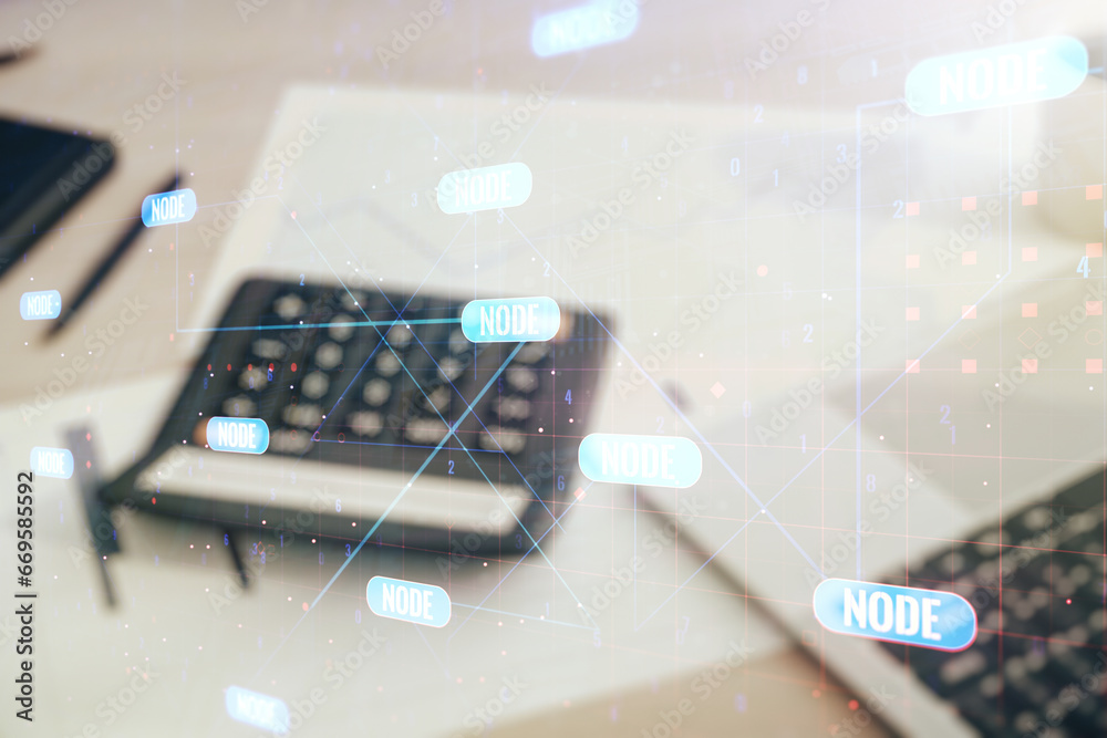Poster abstract virtual coding illustration on blurry calculator and computer background, software developm