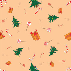 festive New Year Christmas background seamless pattern with different objects vector