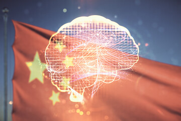 Virtual creative artificial Intelligence hologram with human brain sketch on Chinese flag and sunset sky background. Double exposure