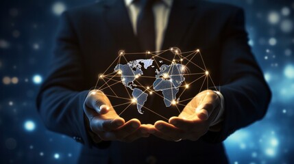 Digital technology, businessman holding Global network connection. Big data analytics and business intelligence. World map point and line composition of global business. innovation, generate by