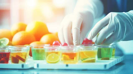 Deurstickers Scientist check chemical food residues in laboratory. Control experts inspect quality of fruits, vegetables. lab, hazards, ROHs, find prohibited substances, contaminate, Microscope, generate by AI. © pinkrabbit